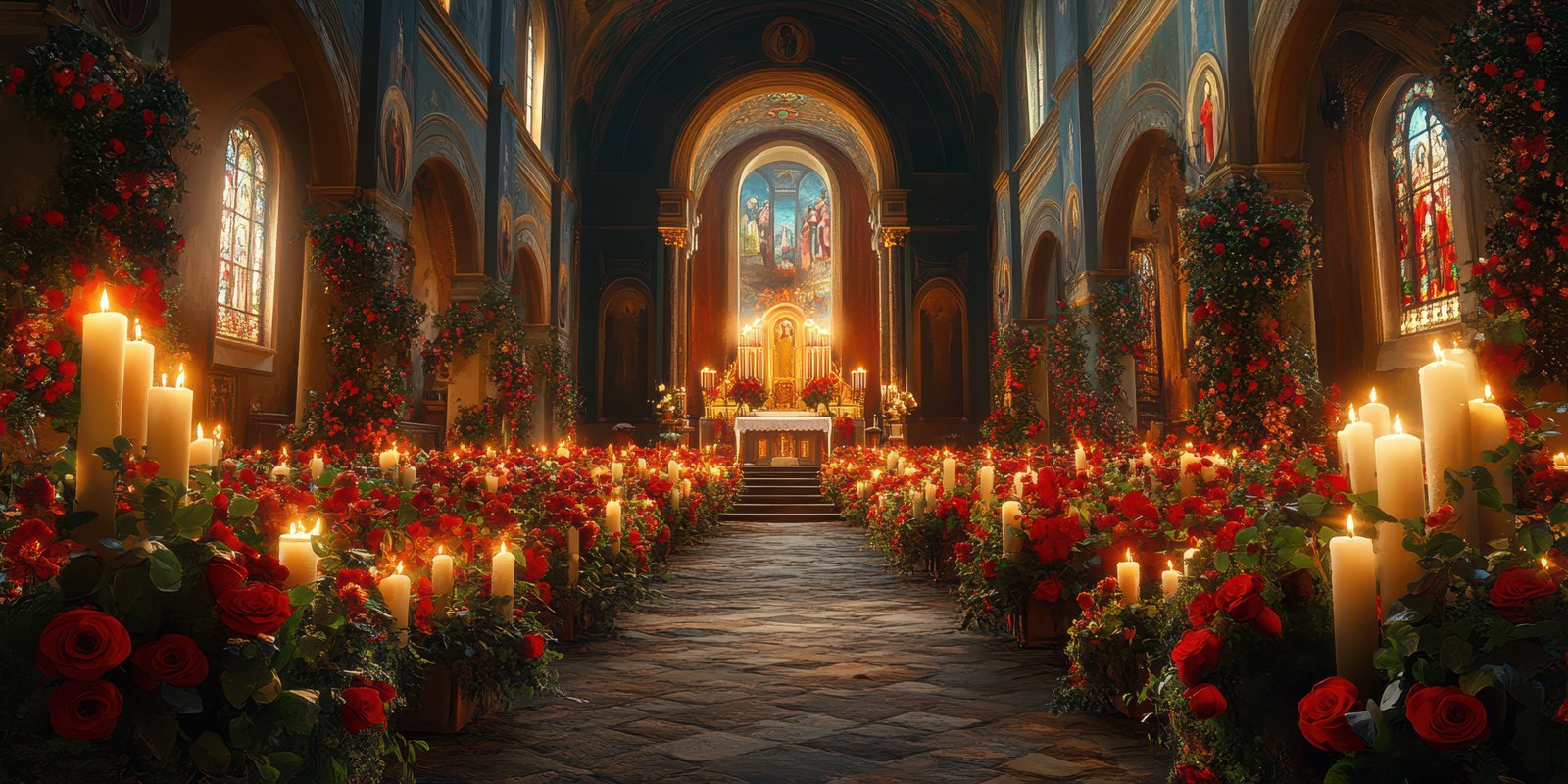 Candlelit ceremony with floral decorations in a historic church during a festive occasion